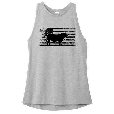 USA American Flag America Cow Black Angus Rancher Ladies PosiCharge Tri-Blend Wicking Tank