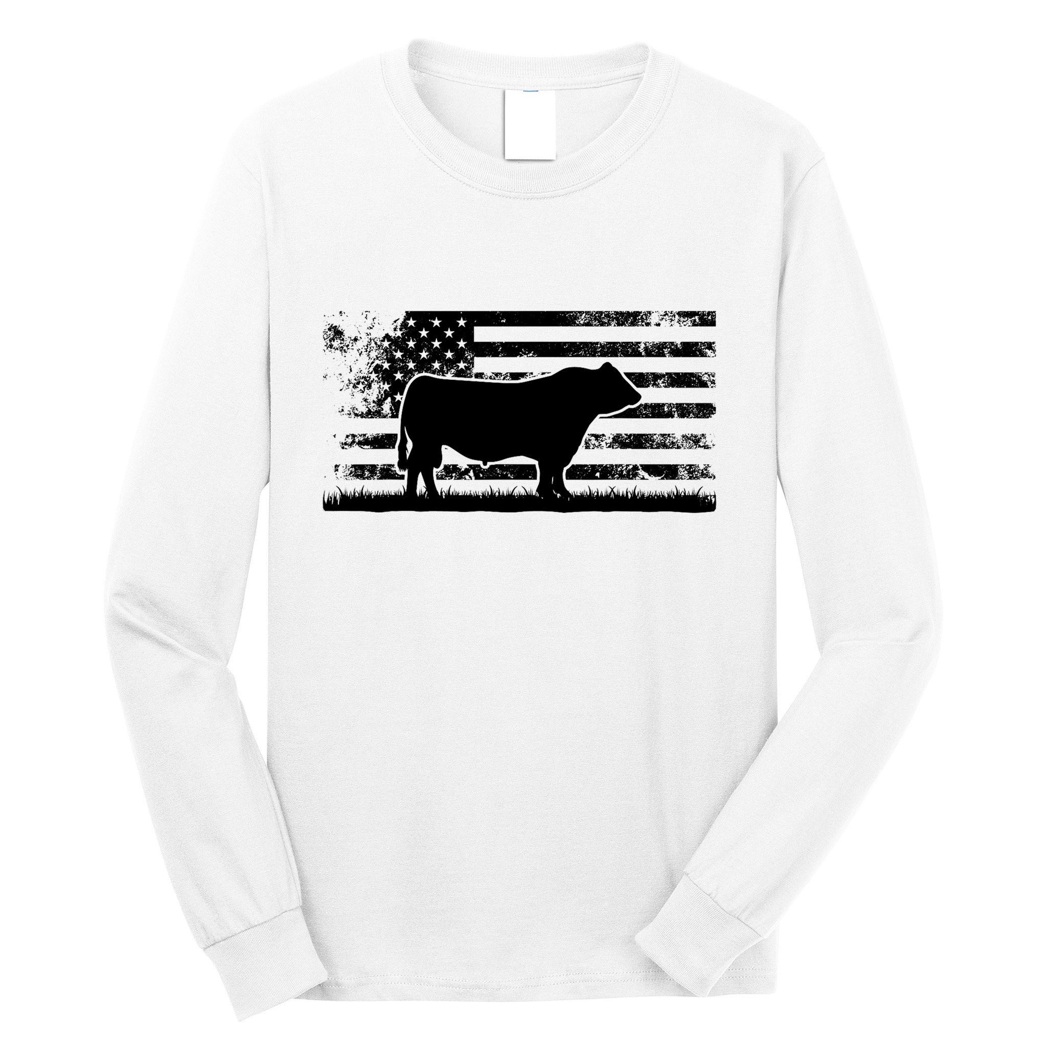 USA American Flag America Cow Black Angus Rancher Long Sleeve Shirt