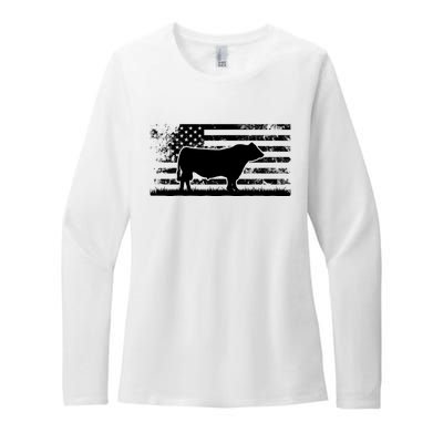 USA American Flag America Cow Black Angus Rancher Womens CVC Long Sleeve Shirt