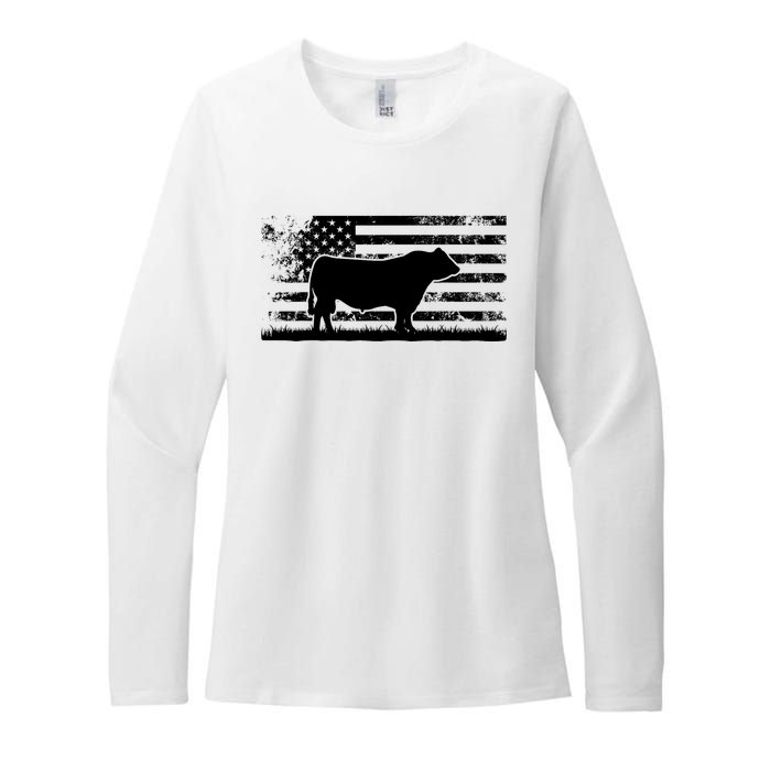 USA American Flag America Cow Black Angus Rancher Womens CVC Long Sleeve Shirt