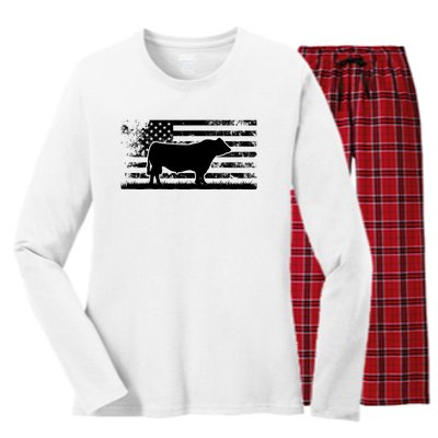 USA American Flag America Cow Black Angus Rancher Women's Long Sleeve Flannel Pajama Set 