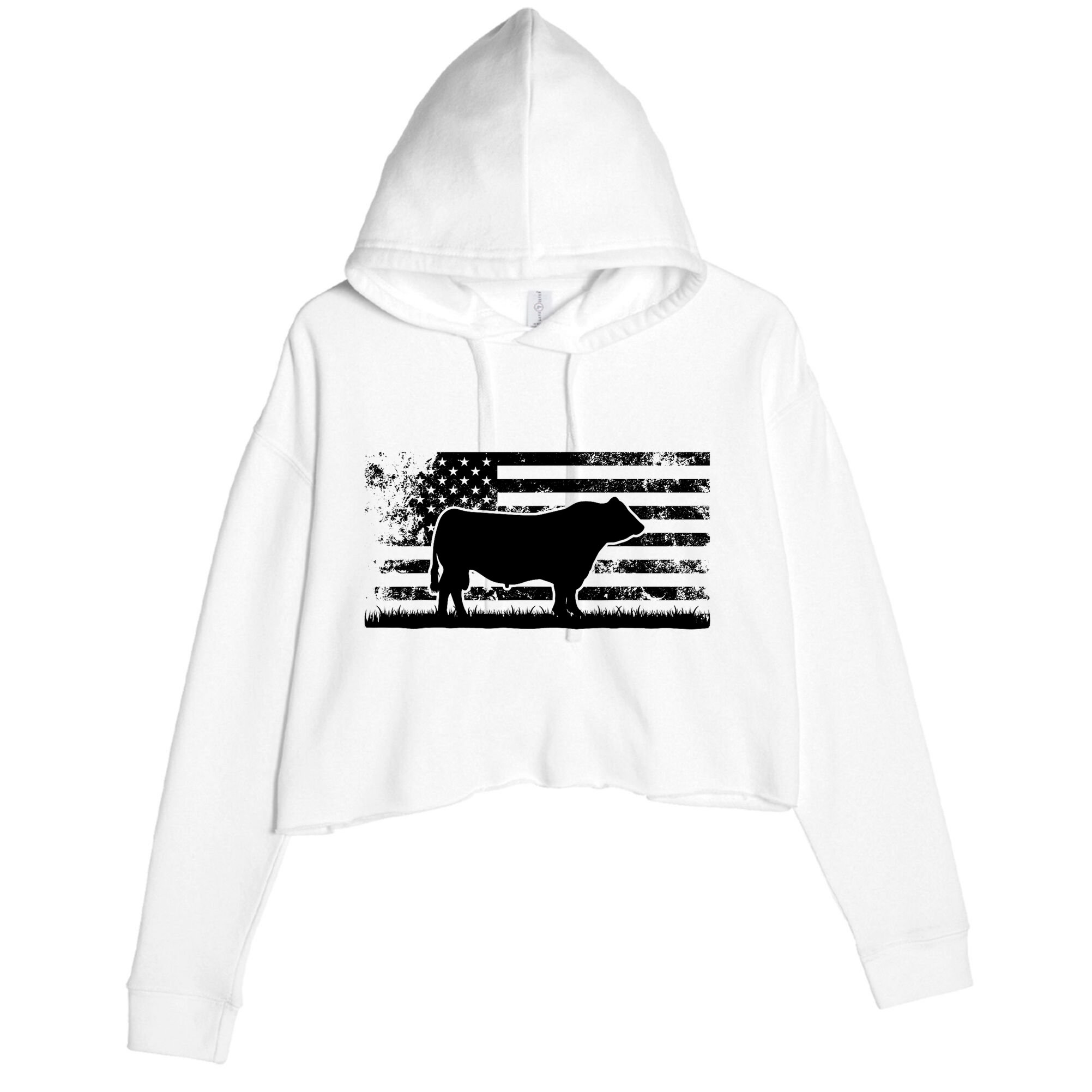 USA American Flag America Cow Black Angus Rancher Crop Fleece Hoodie