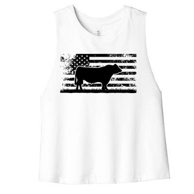 USA American Flag America Cow Black Angus Rancher Women's Racerback Cropped Tank