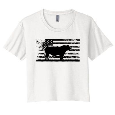 USA American Flag America Cow Black Angus Rancher Women's Crop Top Tee