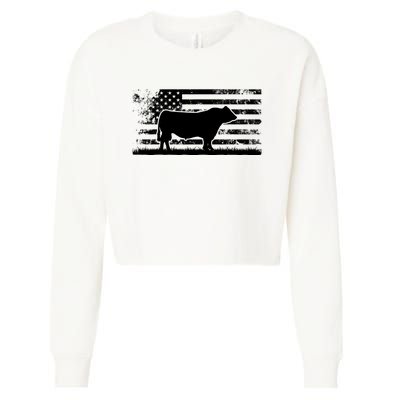 USA American Flag America Cow Black Angus Rancher Cropped Pullover Crew