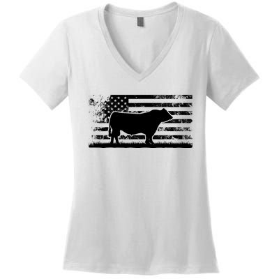 USA American Flag America Cow Black Angus Rancher Women's V-Neck T-Shirt