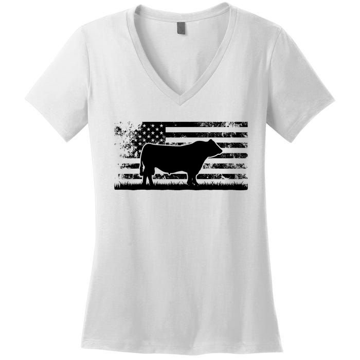 USA American Flag America Cow Black Angus Rancher Women's V-Neck T-Shirt