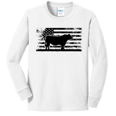 USA American Flag America Cow Black Angus Rancher Kids Long Sleeve Shirt