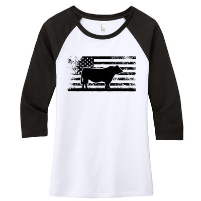 USA American Flag America Cow Black Angus Rancher Women's Tri-Blend 3/4-Sleeve Raglan Shirt