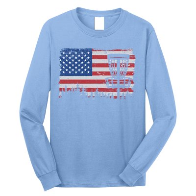 Us American Flag Disc Golf Basket Frisbee Vintage Disc Golf Gift Long Sleeve Shirt