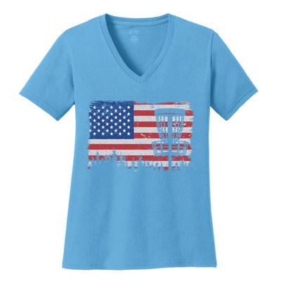 Us American Flag Disc Golf Basket Frisbee Vintage Disc Golf Gift Women's V-Neck T-Shirt