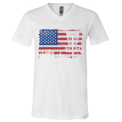 Us American Flag Disc Golf Basket Frisbee Vintage Disc Golf Gift V-Neck T-Shirt