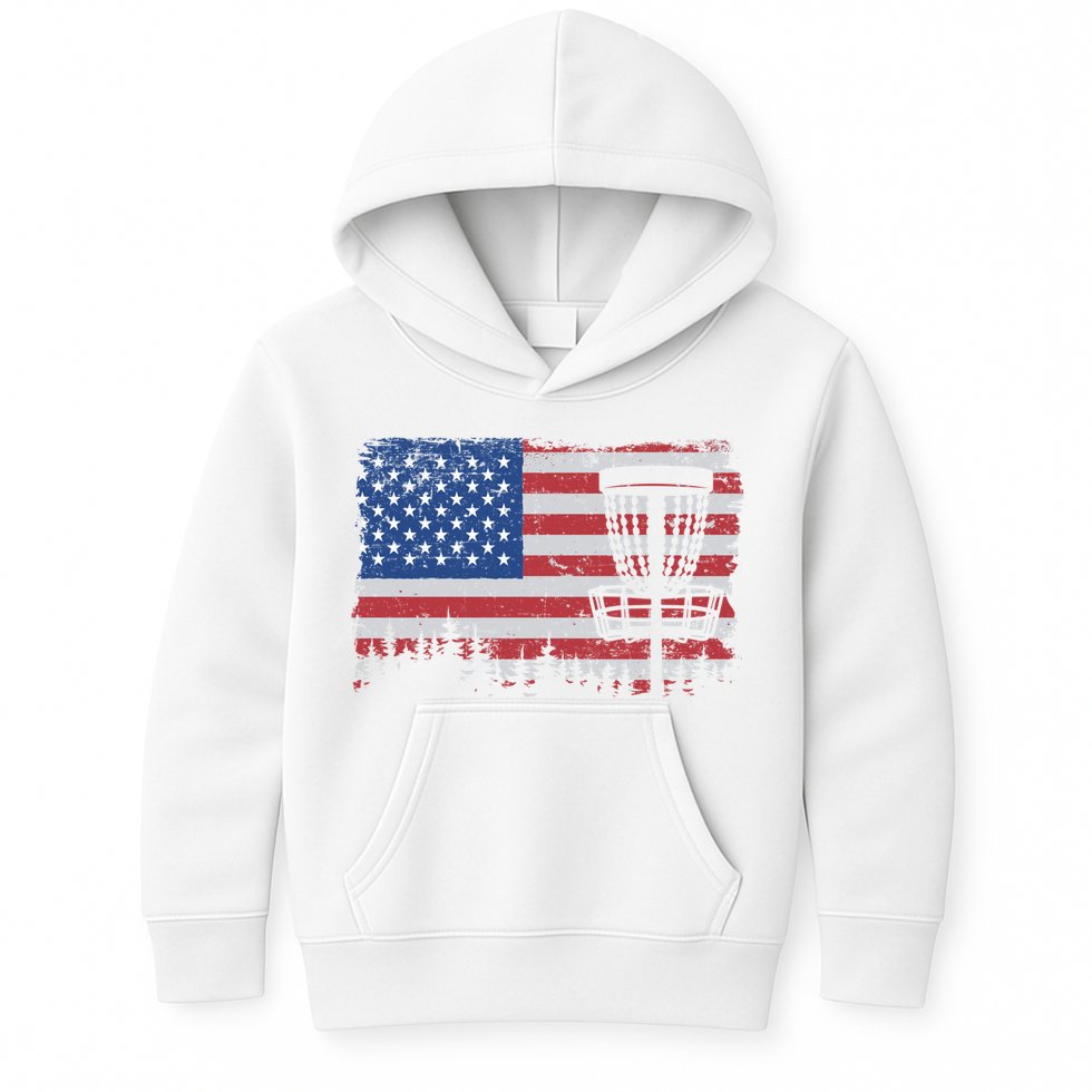 Us American Flag Disc Golf Basket Frisbee Vintage Disc Golf Gift Kids Hoodie