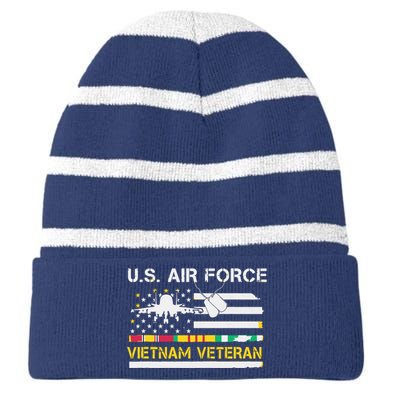 US Air Force Vietnam Veteran, USAF Veteran, USA Flag Gift Striped Beanie with Solid Band