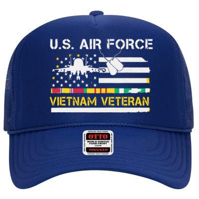 US Air Force Vietnam Veteran, USAF Veteran, USA Flag Gift High Crown Mesh Back Trucker Hat