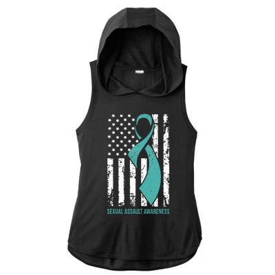 USA American Flag Teal Ribbon April Sexual Assault Awareness Ladies PosiCharge Tri-Blend Wicking Draft Hoodie Tank