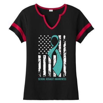 USA American Flag Teal Ribbon April Sexual Assault Awareness Ladies Halftime Notch Neck Tee