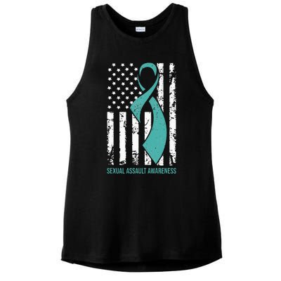 USA American Flag Teal Ribbon April Sexual Assault Awareness Ladies PosiCharge Tri-Blend Wicking Tank