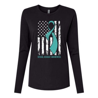 USA American Flag Teal Ribbon April Sexual Assault Awareness Womens Cotton Relaxed Long Sleeve T-Shirt