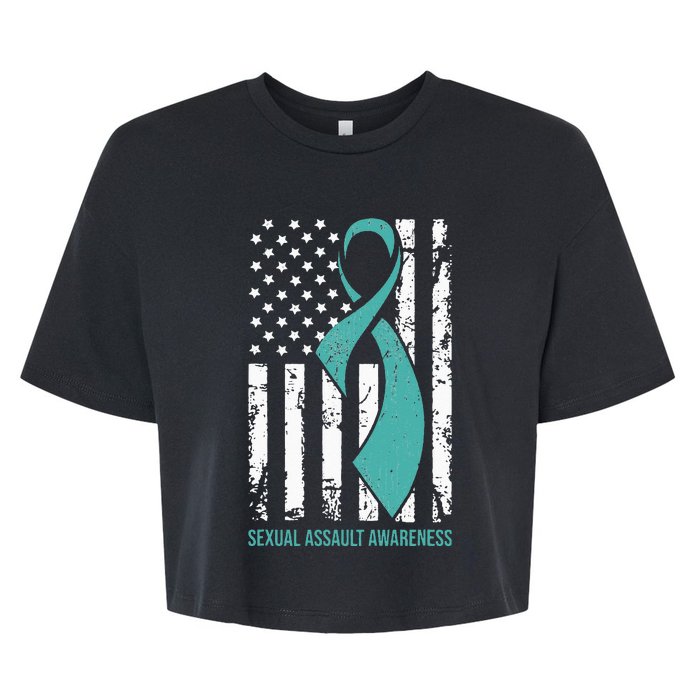 USA American Flag Teal Ribbon April Sexual Assault Awareness Bella+Canvas Jersey Crop Tee