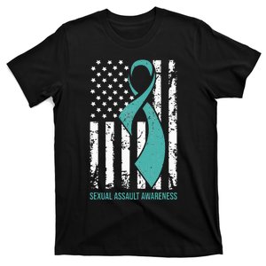 USA American Flag Teal Ribbon April Sexual Assault Awareness T-Shirt