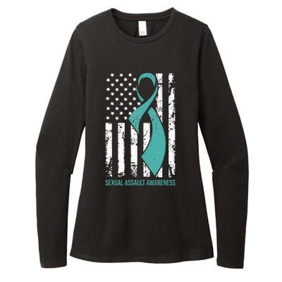 USA American Flag Teal Ribbon April Sexual Assault Awareness Womens CVC Long Sleeve Shirt