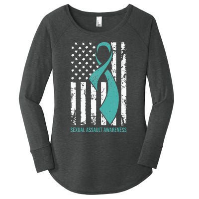 USA American Flag Teal Ribbon April Sexual Assault Awareness Women's Perfect Tri Tunic Long Sleeve Shirt