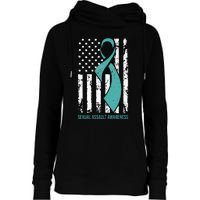 USA American Flag Teal Ribbon April Sexual Assault Awareness Womens Funnel Neck Pullover Hood