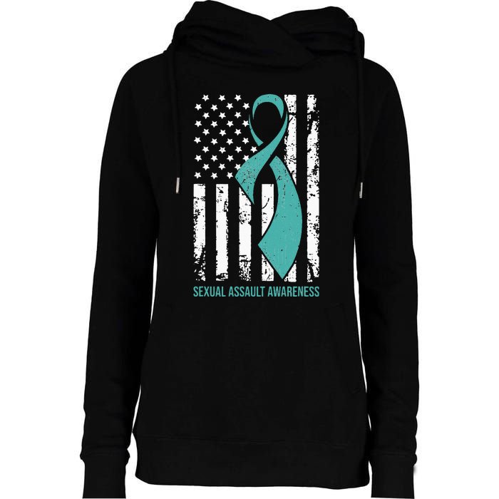 USA American Flag Teal Ribbon April Sexual Assault Awareness Womens Funnel Neck Pullover Hood