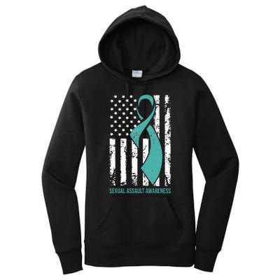 USA American Flag Teal Ribbon April Sexual Assault Awareness Women's Pullover Hoodie