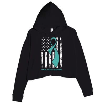 USA American Flag Teal Ribbon April Sexual Assault Awareness Crop Fleece Hoodie