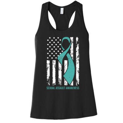 USA American Flag Teal Ribbon April Sexual Assault Awareness Women's Racerback Tank