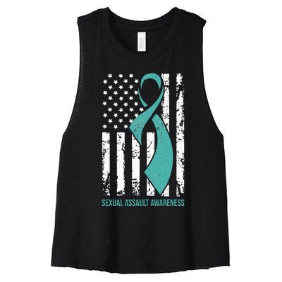 USA American Flag Teal Ribbon April Sexual Assault Awareness Women's Racerback Cropped Tank