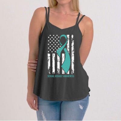 USA American Flag Teal Ribbon April Sexual Assault Awareness Women's Strappy Tank