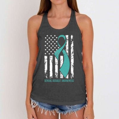 USA American Flag Teal Ribbon April Sexual Assault Awareness Women's Knotted Racerback Tank