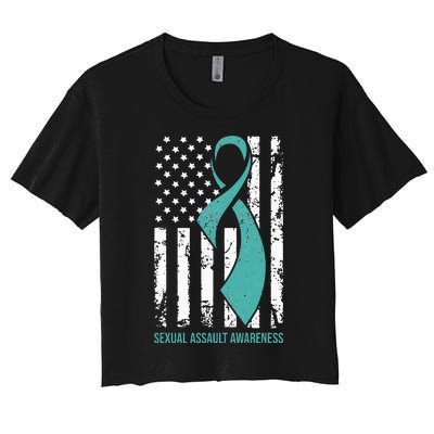 USA American Flag Teal Ribbon April Sexual Assault Awareness Women's Crop Top Tee