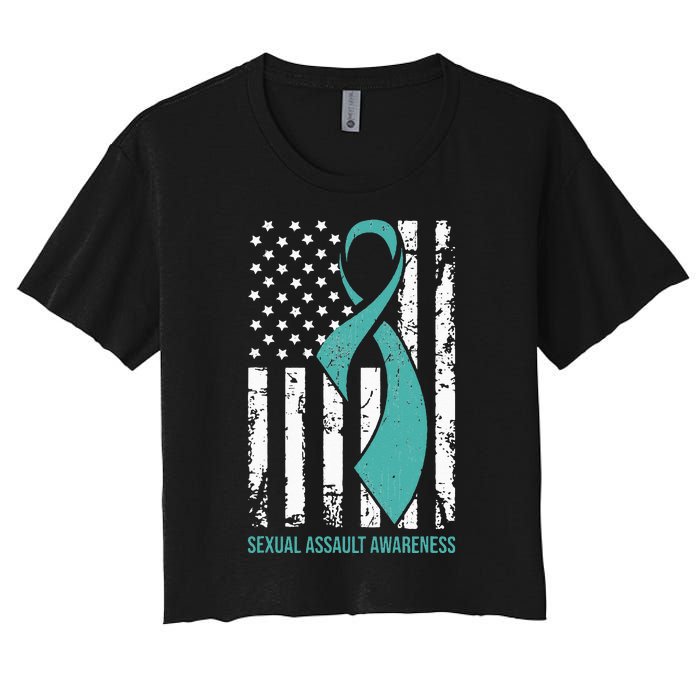 USA American Flag Teal Ribbon April Sexual Assault Awareness Women's Crop Top Tee