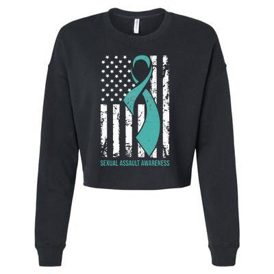 USA American Flag Teal Ribbon April Sexual Assault Awareness Cropped Pullover Crew