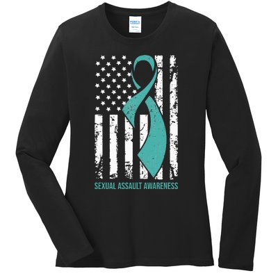 USA American Flag Teal Ribbon April Sexual Assault Awareness Ladies Long Sleeve Shirt