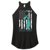 USA American Flag Teal Ribbon April Sexual Assault Awareness Women's Perfect Tri Rocker Tank