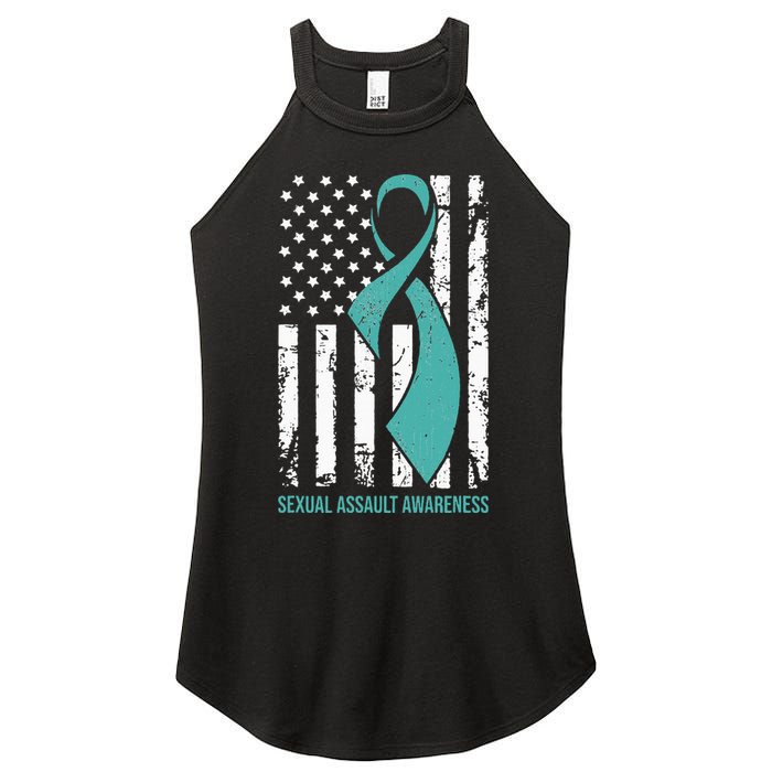 USA American Flag Teal Ribbon April Sexual Assault Awareness Women's Perfect Tri Rocker Tank