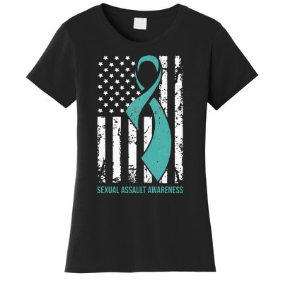 USA American Flag Teal Ribbon April Sexual Assault Awareness Women's T-Shirt