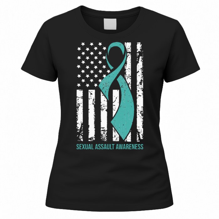 USA American Flag Teal Ribbon April Sexual Assault Awareness Women's T-Shirt