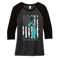 USA American Flag Teal Ribbon April Sexual Assault Awareness Women's Tri-Blend 3/4-Sleeve Raglan Shirt