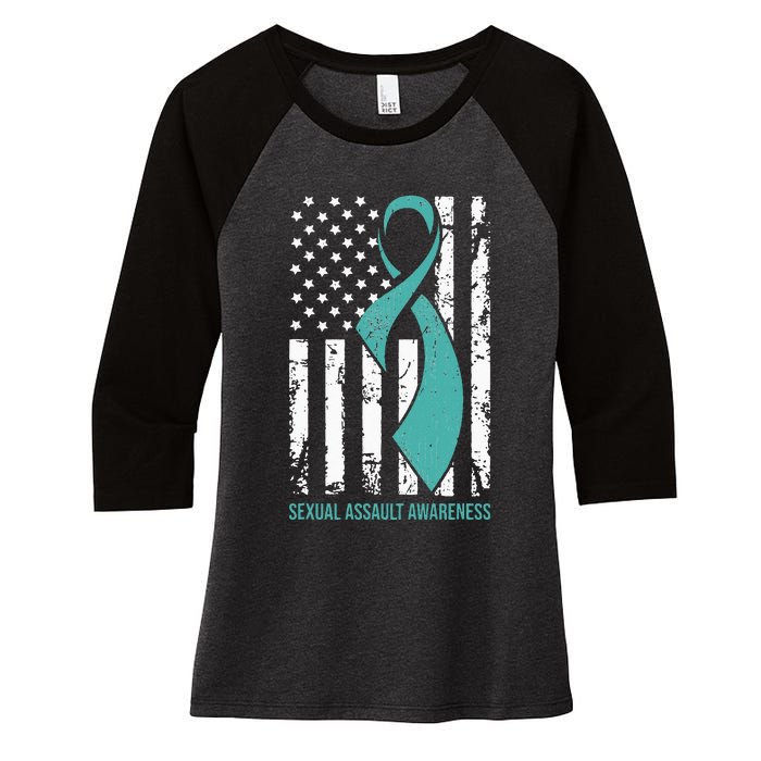 USA American Flag Teal Ribbon April Sexual Assault Awareness Women's Tri-Blend 3/4-Sleeve Raglan Shirt