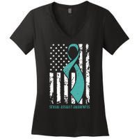 USA American Flag Teal Ribbon April Sexual Assault Awareness Women's V-Neck T-Shirt