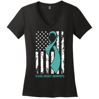 USA American Flag Teal Ribbon April Sexual Assault Awareness Women's V-Neck T-Shirt