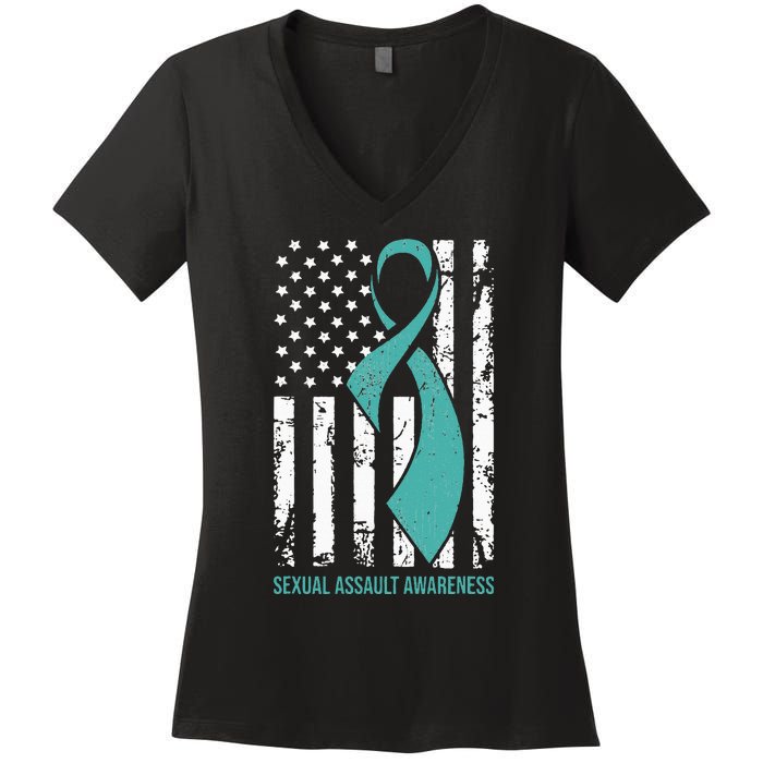 USA American Flag Teal Ribbon April Sexual Assault Awareness Women's V-Neck T-Shirt