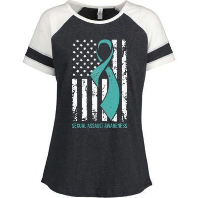 USA American Flag Teal Ribbon April Sexual Assault Awareness Enza Ladies Jersey Colorblock Tee