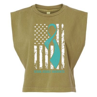 USA American Flag Teal Ribbon April Sexual Assault Awareness Garment-Dyed Women's Muscle Tee